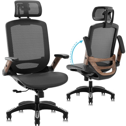 GABRYLLY Ergonomic Office Chair, High Back Home Desk Chair with Headrest, Flip-Up Arms, 90-120° Tilt Lock and Wide Cushion, Big and Tall Mesh Chairs for Man Woman, Black Task Chair(Dark Woodgrain)