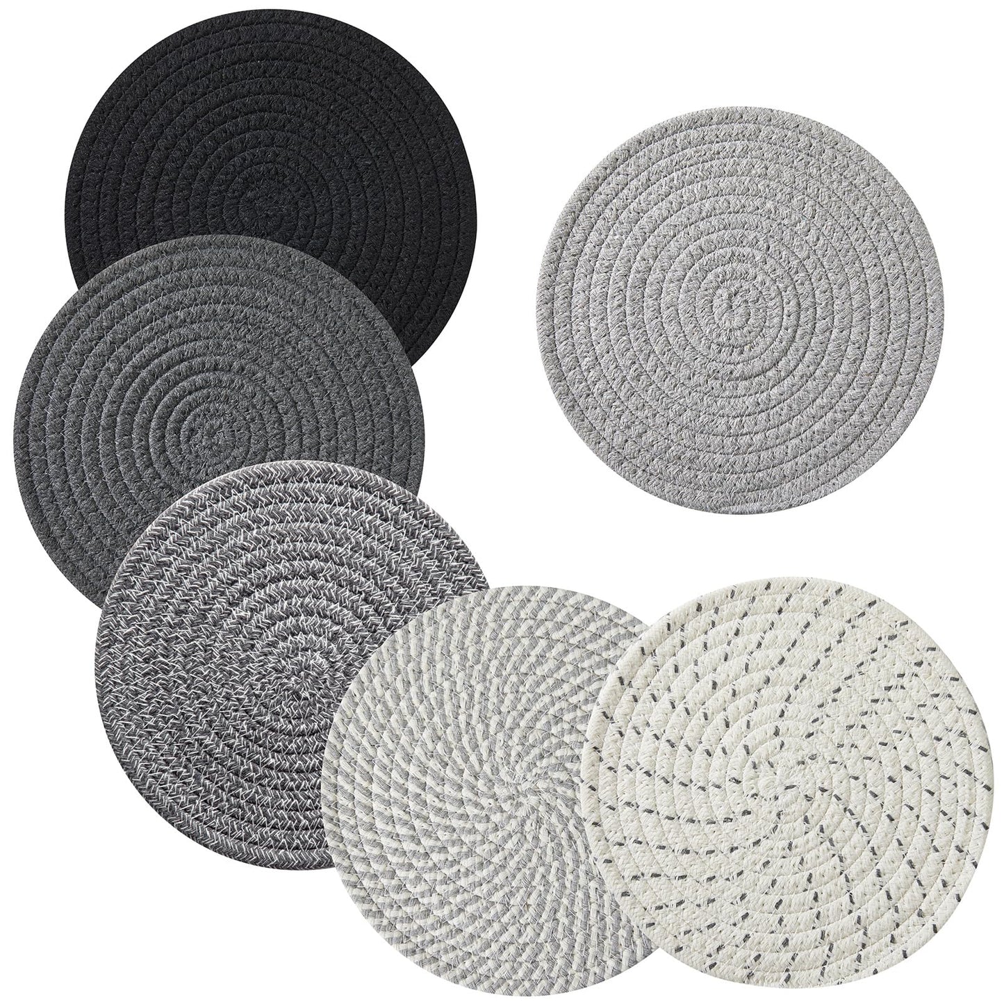Coga 8" Trivets for Dishes, Pots and Pans, 6 Pack Heat Resistant Hot Pads, Pot Holders for Kitchen, Plate Mats for Table and Countertops, Farmhouse Decor Home Kitchen Essentials, Mix-Grey