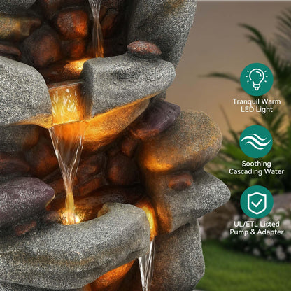 Utym 40" H Oversized Rock Outdoor Fountain with Warm LED Lights, 3-Tier Extra-Large Stacked River Pebbles Waterfall, Weather-Resistant Resin Feature for Garden Patio Yard