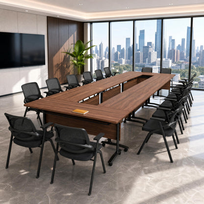 Modular Folding Conference Room Table with Wheels - 6 Pack Flip Top Mobile Training Table,Modern Meeting Tables 2-30 Person,Walnut,70.9"x21.6"x29.5"