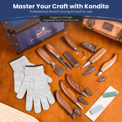 KONDITO Complete Wood Carving Kit – Premium Carving Knives Set with 7Cr17 Steel Blades, Safety Gloves, Honing Strop, Roll Bag & Gift Storage Case – Woodworking Tool Set for Adults & Beginners