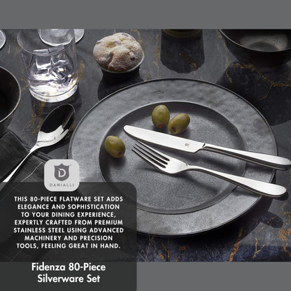 Danialli Silverware Set for 16 – 18/10 Stainless Steel Flatware, Mirror Finish, Dishwasher Safe, Durable and Elegant, Rust Resistant, Perfect for Entertaining (80-Piece Set, Fidenza)