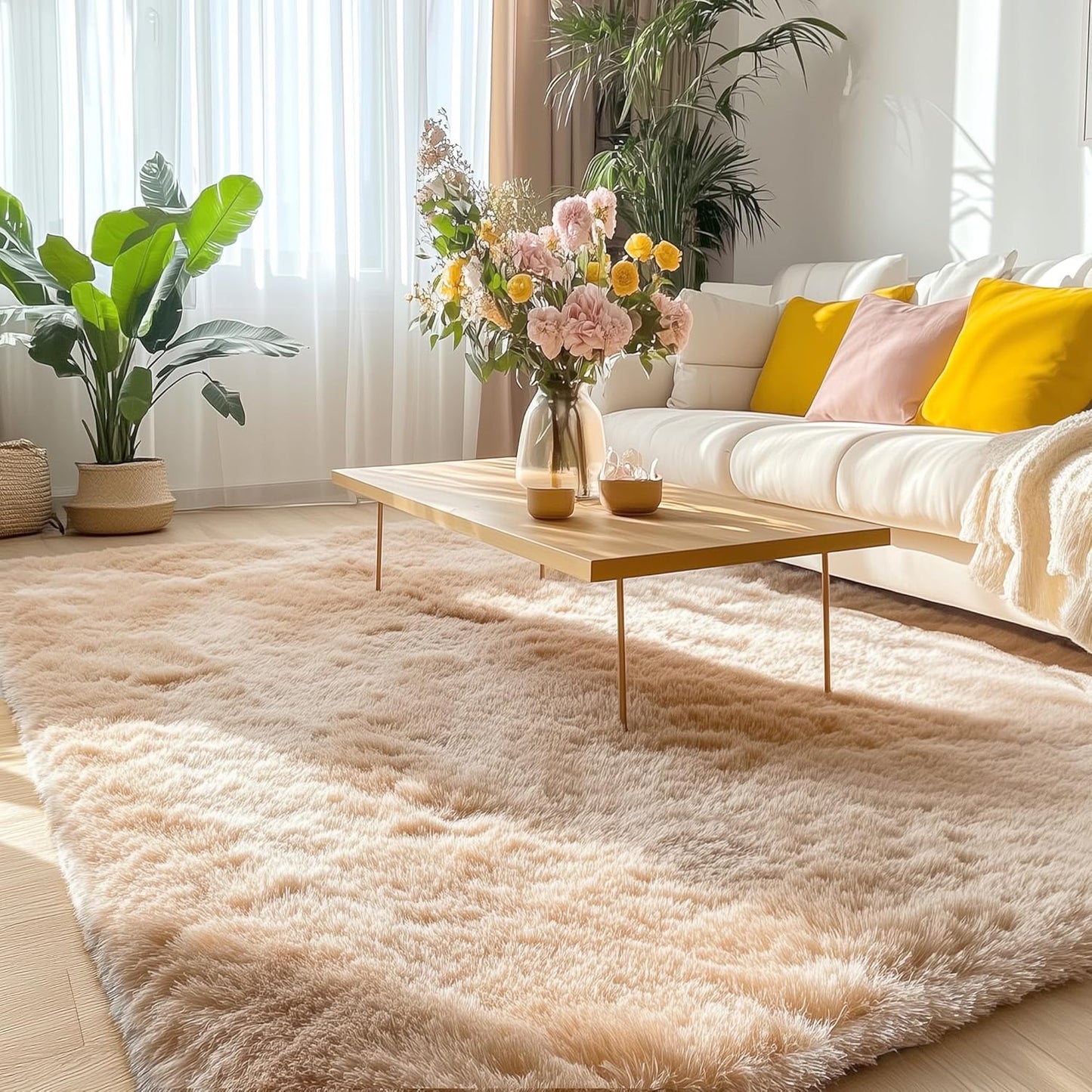OLANLY 5x5 Area Rug - Soft, Fluffy Shaggy Design for Living Room & Bedroom | Machine Washable, Beige