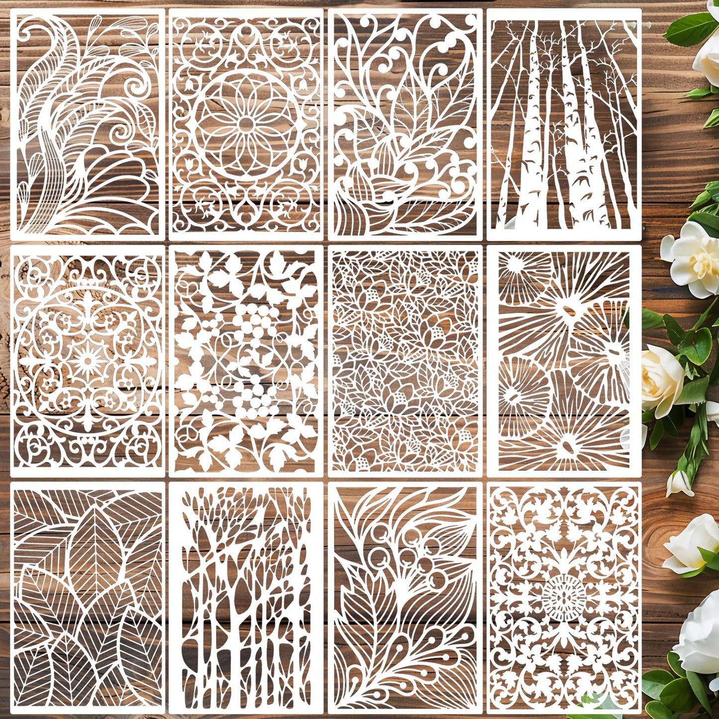 Stencils for Crafts Reusable Texture Stencils Floral Stencil Leaf Tree Templates for Painting on Wood Furniture
