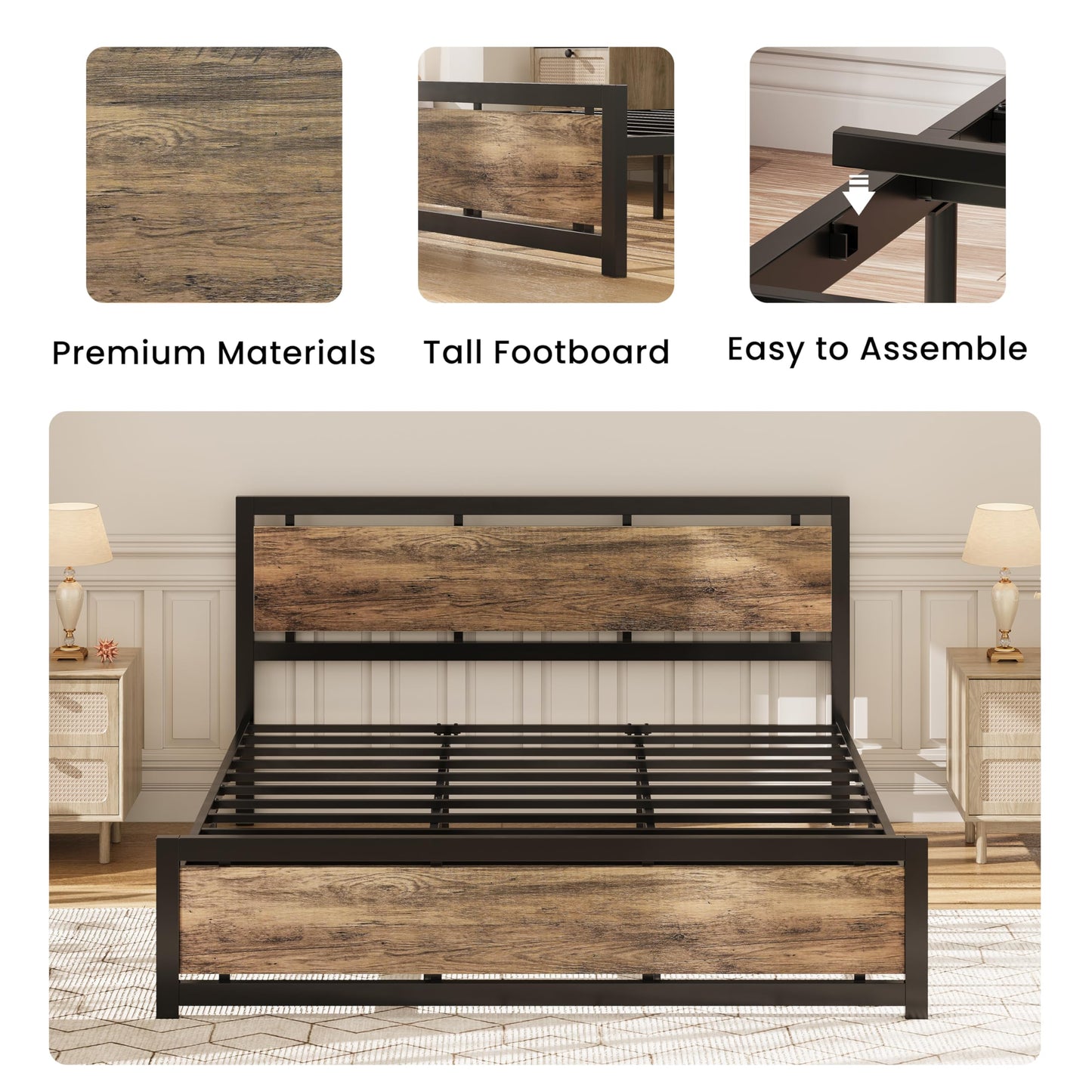 LIKIMIO California King Bed Frame with Headboard and Footboard, Metal Strong Supports, Easy Assembly, Noise-Free, No Box Spring Needed, Walnut