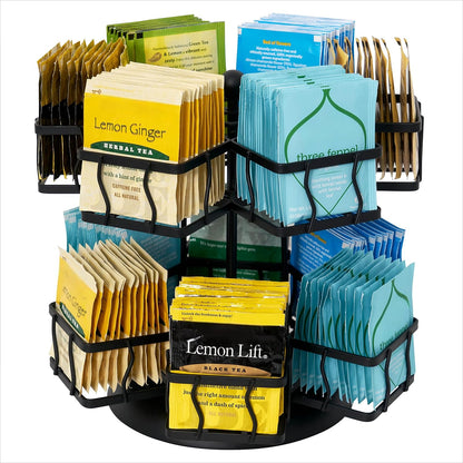 12 140 NHZ Tea Bag Organizer - Spinning Carousel Holder With Compartments, Up to Tea Bags Storage, Black Powder Coated