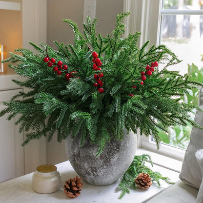 florisso Artificial Faux Christmas Norfolk Pine Stems Branches for Vases,12 Bundles Fake Evergreen Real Touch Greenery Stem with 3 PCS Red Berry Branches for Xmas Holiday Winter Table Indoor Decor