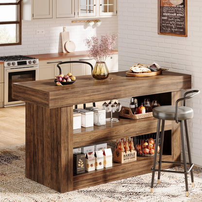 Tribesigns 55-Inch Kitchen Island with Storage, Farmhouse 3-Tier Stationary Island Table with Large Countertop, Wooden Coffee Bar Table Storage Cabinet for Kitchen, Dining Room, Living Room, Brown