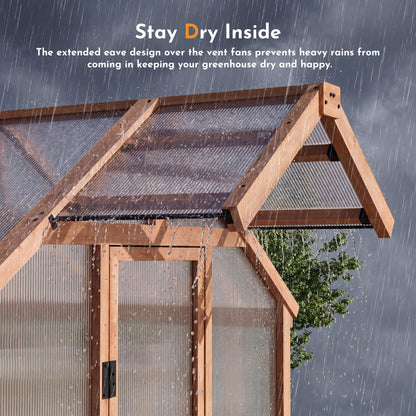 Modern Shade EverBloom 6.5'x8' Wooden Greenhouse, 8' Extra-Tall Cedar Wood Greenhouse with Built-in Outdoor Faucet Kit, Heavy Duty Greenhouse with Built-in Shelving, Power Strip & Ventilation System