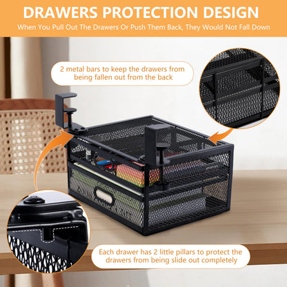 ROLIZOE Sliding Under Desk Drawer Organizer No Drilling 2 Drawers Slide Out Desktop Or Under Table Storage Metal Clamp On Desk Drawer Attachment Anti-Slip Under Desk Organizer for Home & Office