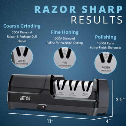 Yatoshi Electric Sharpener, 50-Watt, Diamond Abrasives and Precision Angle Guides, 20-Degree Straight-Edge and Serrated Knives, 3 Stage
