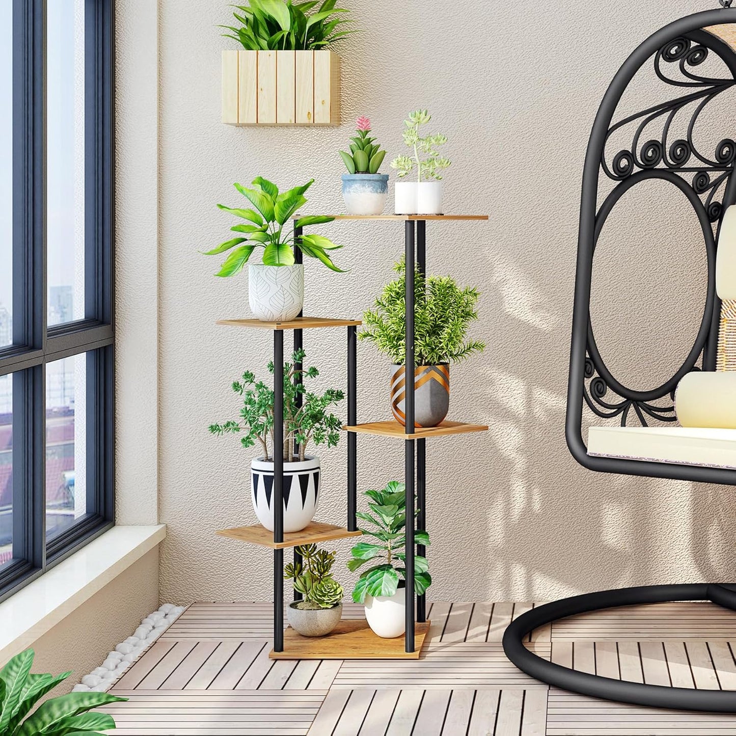 5 HAYOFAMY Tier Plant Stand Indoor, Tall Plant Shelf Metal Wood Multiple, Flower Pot Holder for Living Room Office