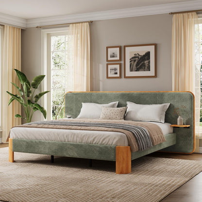 Christopher Knight Home Lana Boucle Upholstered King Bed Frame and Headboard, King Size Bed Frame with Built-in Floating Shelves, Metal + Wooden Slats Support, No Box Spring Needed, Green + Natural