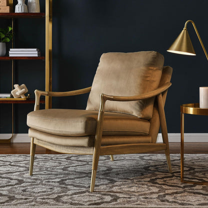 Modway Langford Stain-Resistant Performance Velvet Armchair – Mid Century Modern Velvet Chair with Wood Frame – Upholstered Accent Chair for Living Room or Bedroom
