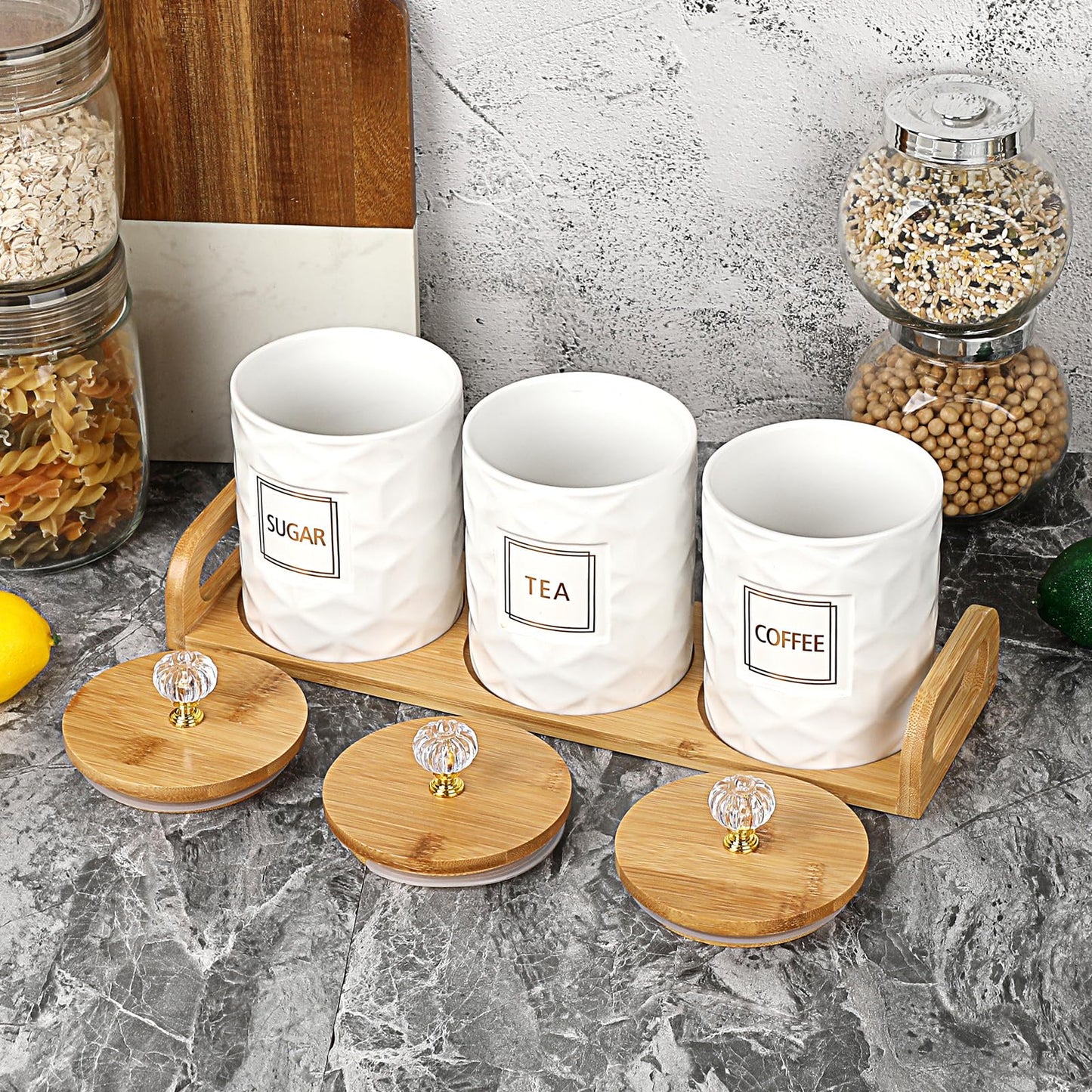 JUXYES Set of 3 Ceramic Canisters Set for Sugar Coffee Tea With Handle Tray, Luxurious Storage Containers Sets with Lids Decorative Storage Pots White Ceramic Storage Jar for Kitchen Dining Counter