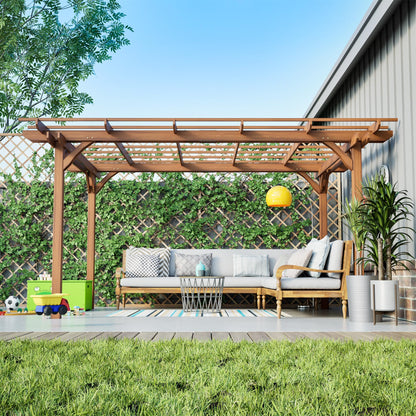 Outdoor Wooden Pergola, Fir Wood, 12x10 Ft, for Patio, Backyard, Garden, Lawn, Natural Brown