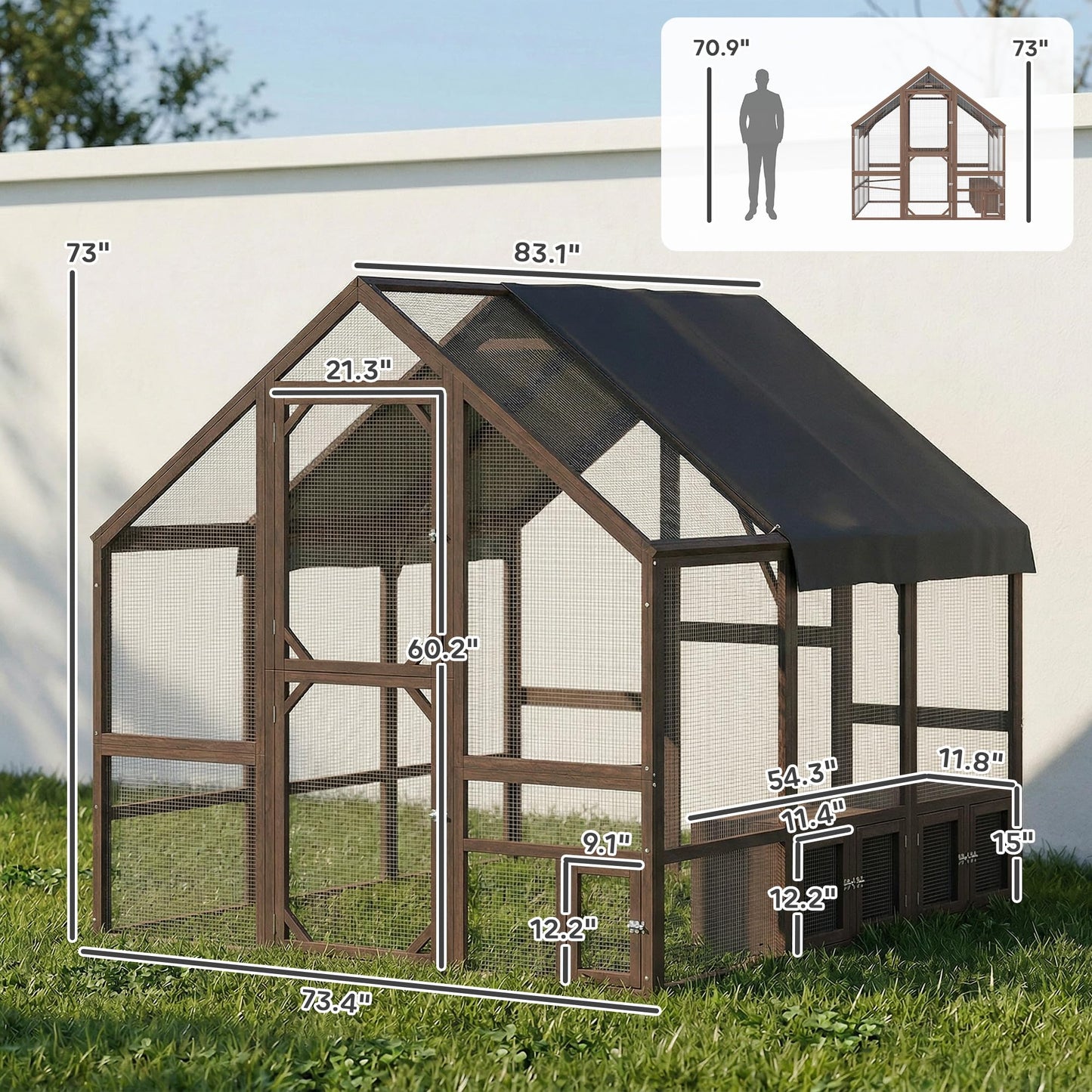 PawHut Large Wooden Chicken Coop for 8-10 Hens, Walk-in Chicken Run with Waterproof Cover, Nesting Boxes and Perches, Outdoor Poultry Cage Rabbit Hutch for Backyard, 83" x 73" x 73", Dark Brown