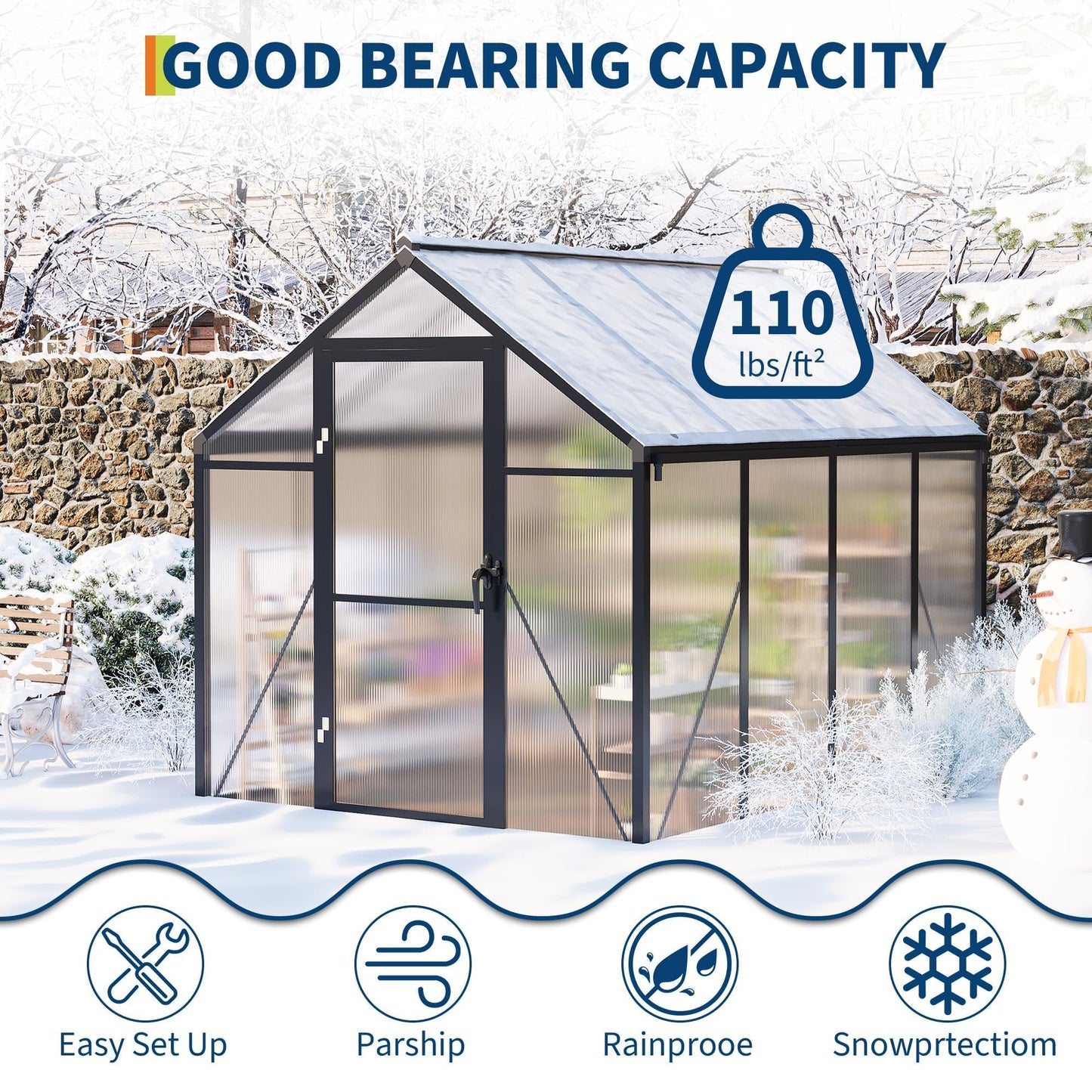6x8 FT Greenhouse for Outdoors, Polycarbonate Greenhouse with Roof Vent, Ground Nails, Lockable Push Door, Aluminum Large Walk-in Green House for Outside Garden Backyard, Patio, Lawn, Black