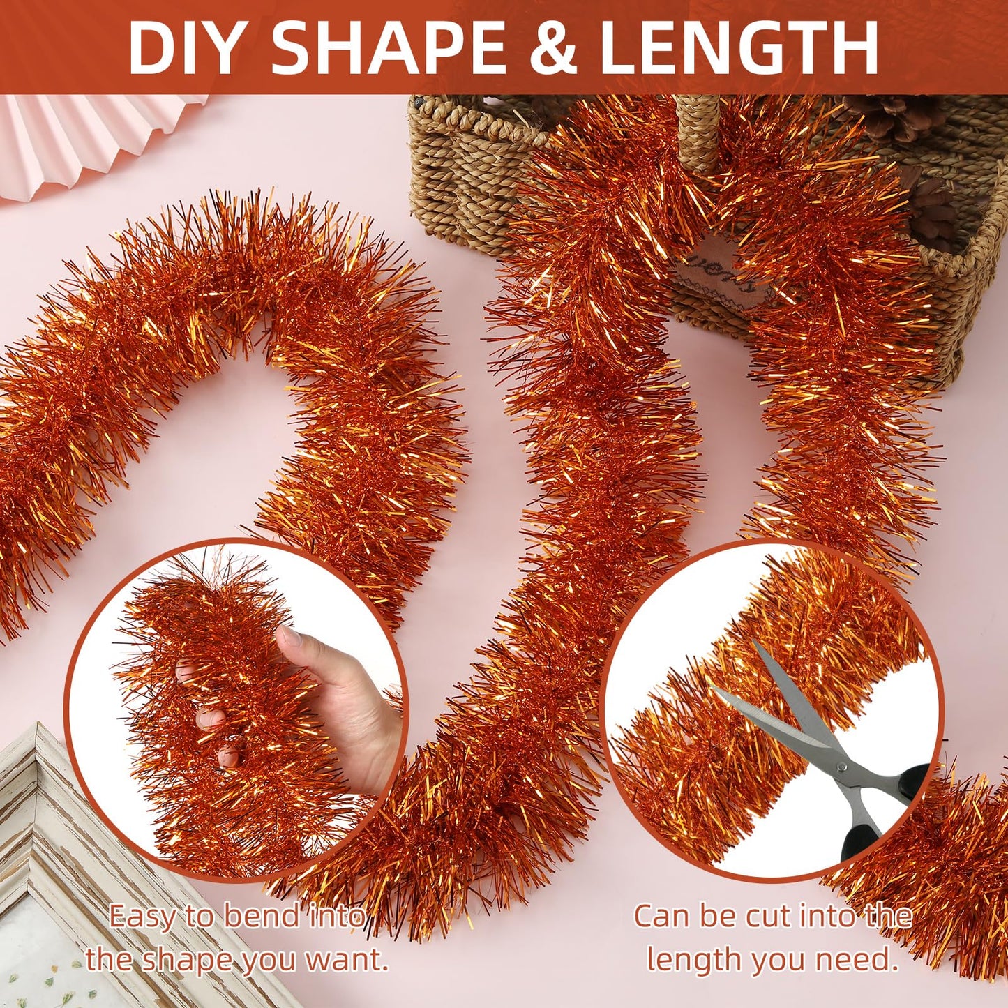 3 Pieces 59 Feet Christmas Foil Tinsel Garland, Metallic Tinsel Twist Garland Shiny Hanging Decorations for Holiday Tree, Party Supplies for Wedding, Birthday, Halloween (Orange)