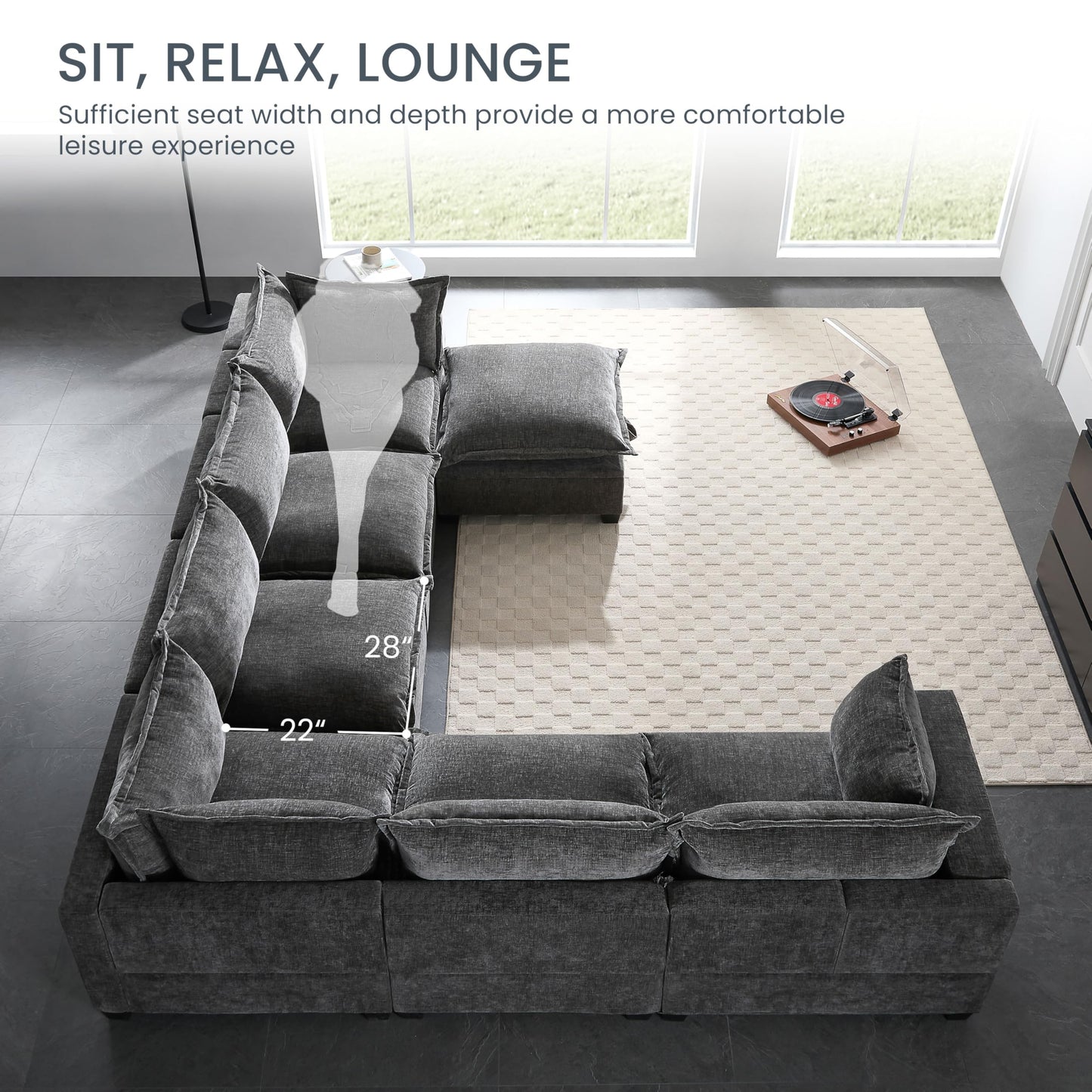 Merax Modern Oversized U-Shaped Sectional Sofa with Piollows & Chaise Lounge, Chenille 7-Seat Couch Set Sleeper Bed with Storage Ottoman for Living Room Gray