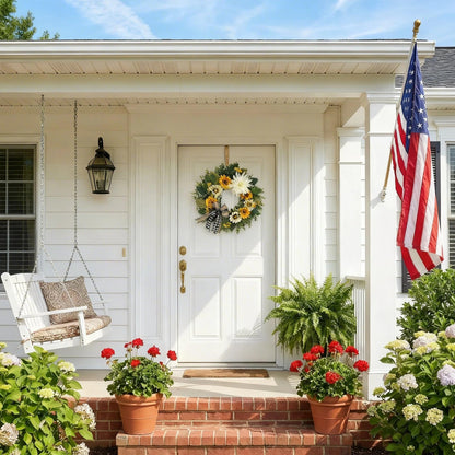 CYANBLOOM 24 Inch Summer Front Door Wreath – Modern Farmhouse Cream White & Yellow Sunflower Dahlia Wreath with Buffalo Plaid Bow, Outdoor Porch Wall Decor All Season, Housewarming Wedding Gift