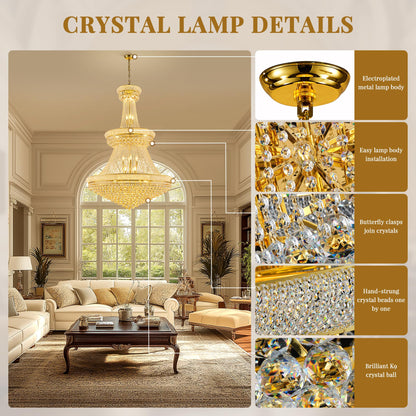 Dvasovio 42'' W Luxury 3-Tier Empire Crystal Chandelier, 36 LED Bulbs, 480 Hand-Strung K9 Crystals (4 Spares), 79-Inch Adjustable Chain, Ideal for Foyer, Staircase, Double-Height Living Room (Gold)