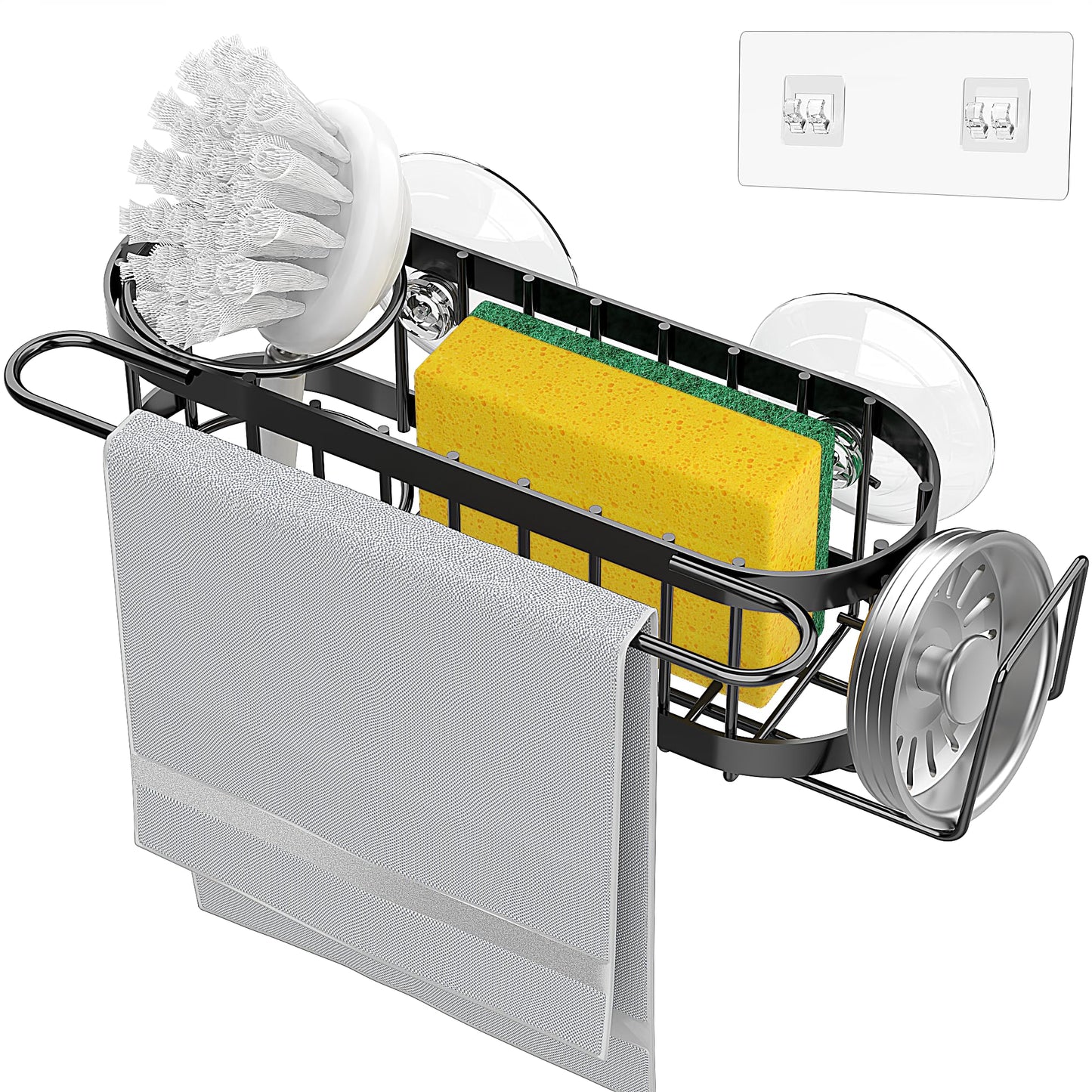 Cisily Kitchen Sink Caddy Sponge Holder in The Sink, Stainless Steel Kitchen Sink Organizer, Brush Holder, Dish Cloth Hanger, Sink Stopper Holder (Suction cup-Black)