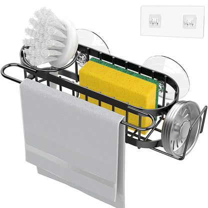 Cisily Kitchen Sink Caddy Sponge Holder in The Sink, Stainless Steel Kitchen Sink Organizer, Brush Holder, Dish Cloth Hanger, Sink Stopper Holder (Suction cup-Black)