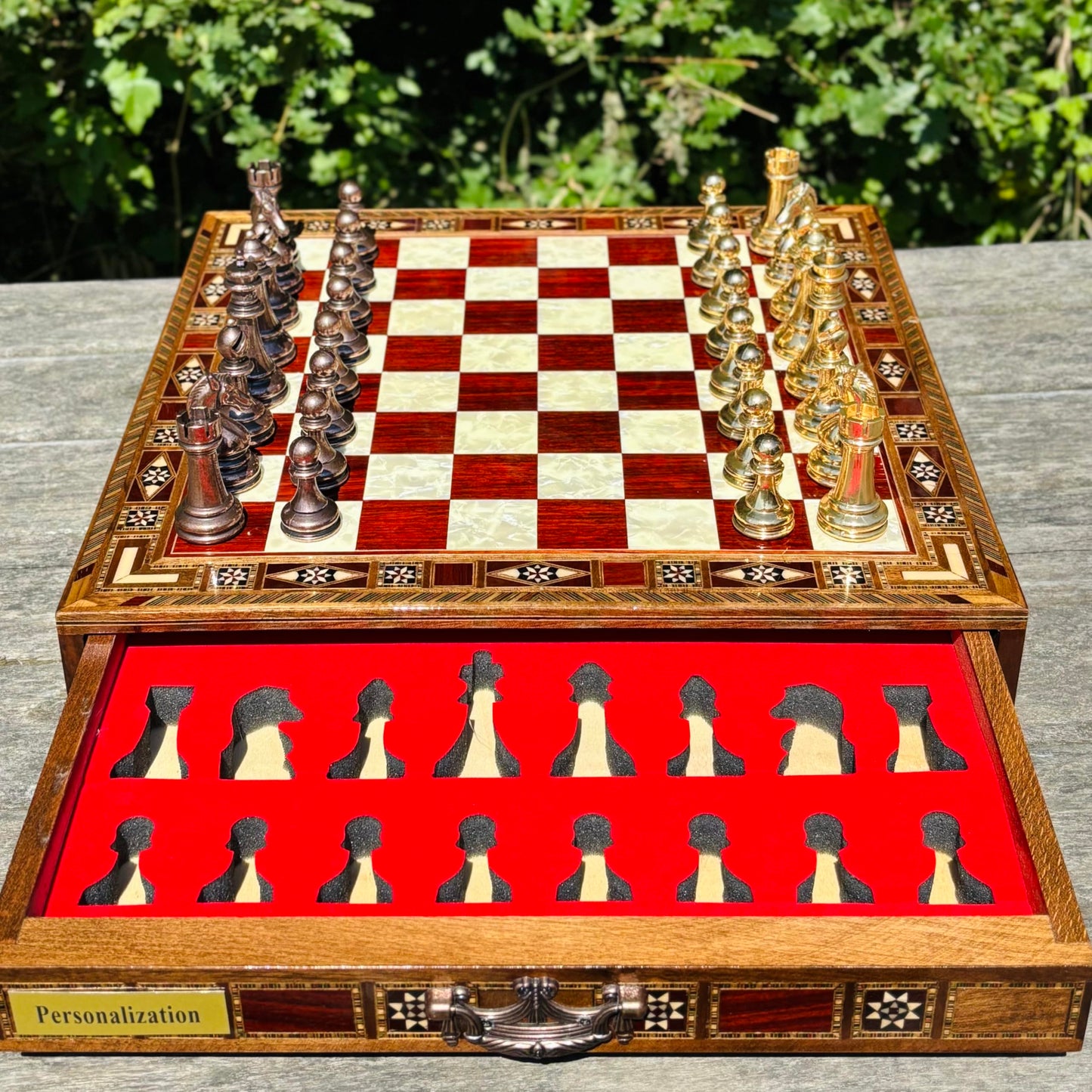 Handmade Luxury Chess Set – Metal Chess Pieces with Wooden Storage Board – Premium Classic Chess Game for Adults and Kids – Ideal Gift for Men and Women (Large: 38 x 38 x 7.5 cm (15”x 15” x 3”))