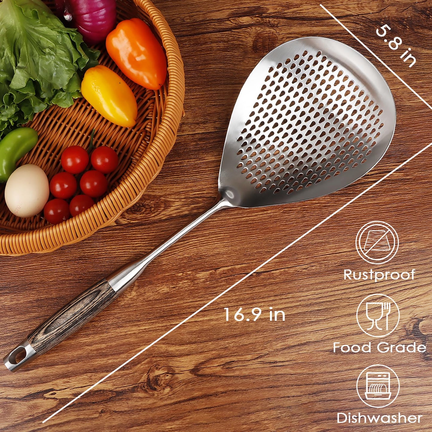 GLENDAVENY 304 Stainless Steel Skimmer Slotted Spoon, Spider Strainer Skimmer Ladle Spoon for Cooking and Frying, Pasta, Spaghetti, 5.8 inch, Dishwasher safe