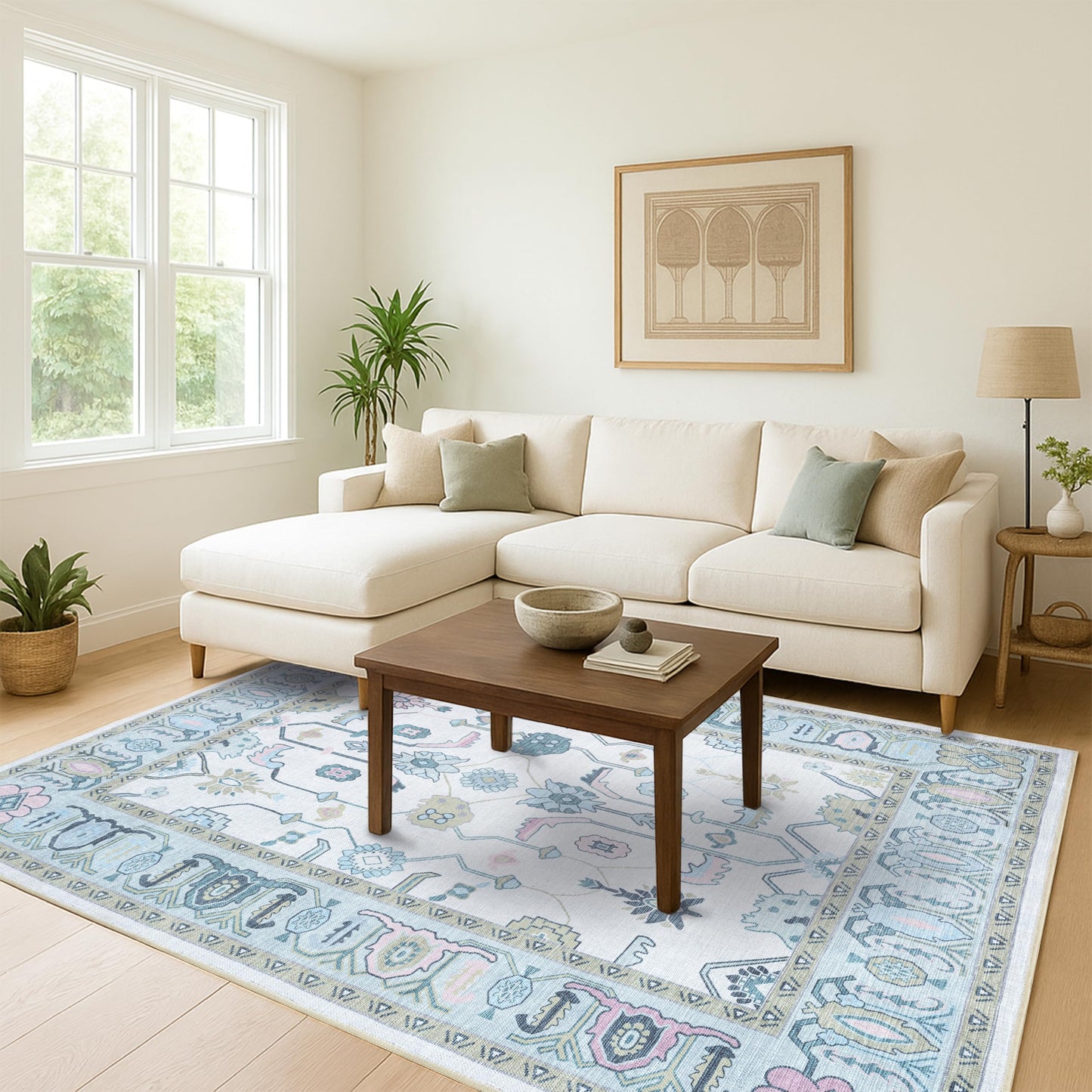 Fame Living Cream Green Oushak Rug, Modern, Vintage, Turkish, Eclectic, Floral, Pastel, Washable, Large Area Rugs for Living Room, Dining, Bedroom, Girls, Boys, 7'5"x9'8"