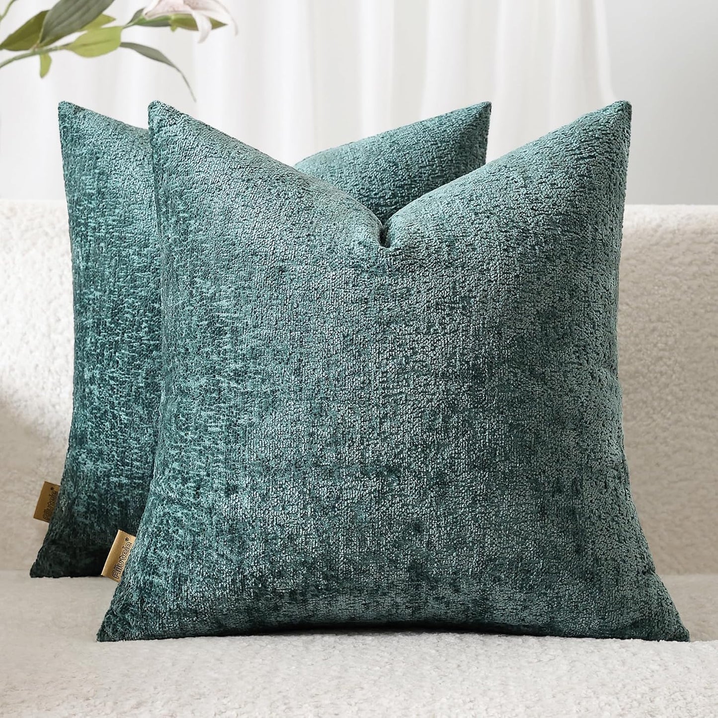 Set 2 Cozy 16x16, Chenille Throw Pillow Covers of Decorative Textured Solid Accent Pillow Cases, Soft Neutral Home