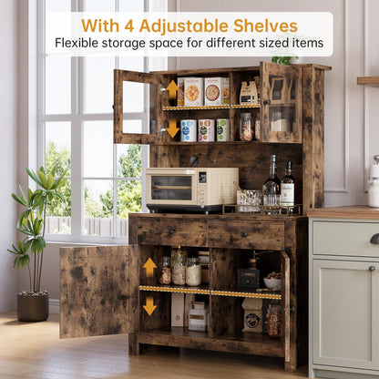 63" Tall Farmhouse Kitchen Pantry Cabinet with Microwave Stand, Freestanding Pantry Hutch Cabinet with Adjustable Shelves, Drawers & Countertop, Buffet Cupboard for Dining&Living Room Storage, Retro