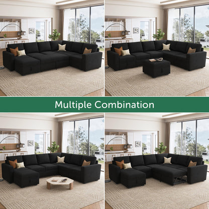 HONBAY Sectional Sleeper Couch with Pull Out Bed, U Shaped Sectional Sofa with Storage, Modular Velvet Sectional Couches for Living Room, Black
