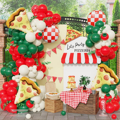 PageebO Pizza Party Decorations，150PCS Red Green Ivory White Balloons with Pizza Checkered Balloons for Pizza Party Favors BBQ Picnic Birthday Party Decorations Slice Slice Baby Shower Home Decor