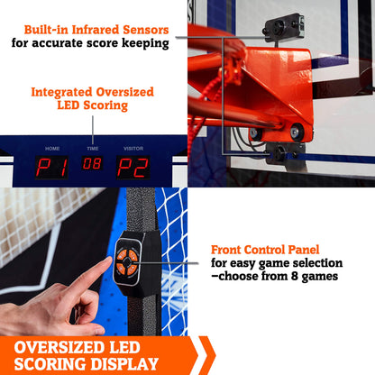 Hall of Games Premium Arcade Cage Basketball Game with Steel Frame and Polycarbonate Backboard, Dual Shot LED Scoring with 6 Size 8.5 Inch Basketballs