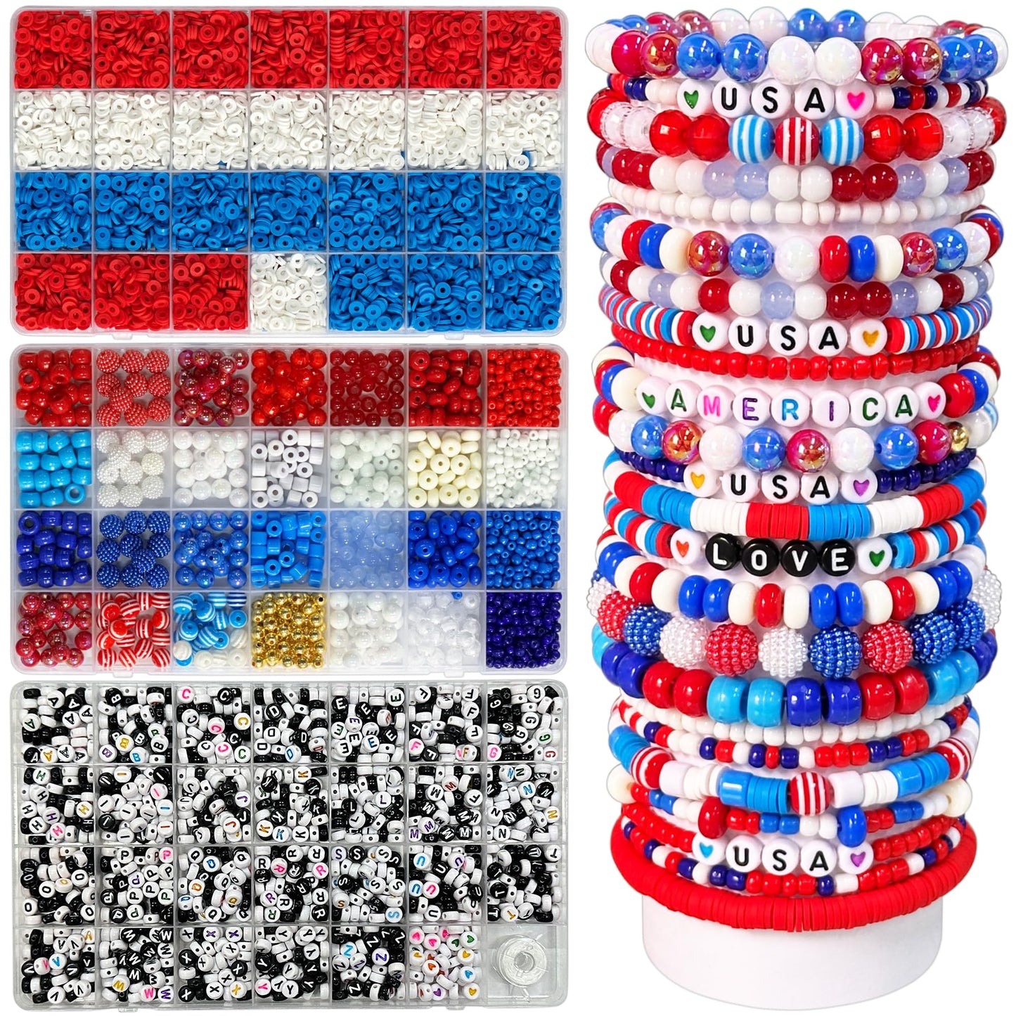 USA 250th Anniversary Polymer Clay Heishi Beads with Assorted Beads Kit for Bracelets Necklace Earring Jewelry Making, 4th of July Independence Day Patriotic DIY Beading Supplies, 3 Boxes