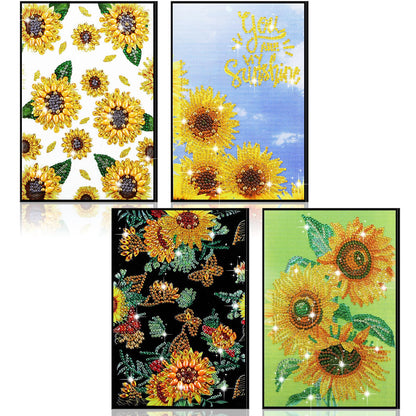 Ctosree 4 Pack Sunflower Diamond Painting Notebook, Spring Diamond Art Kits, DIY Diamond Journal,a5 Leather Arts and Crafts for Adults Diamond Sketchbook with Tools for Drawing