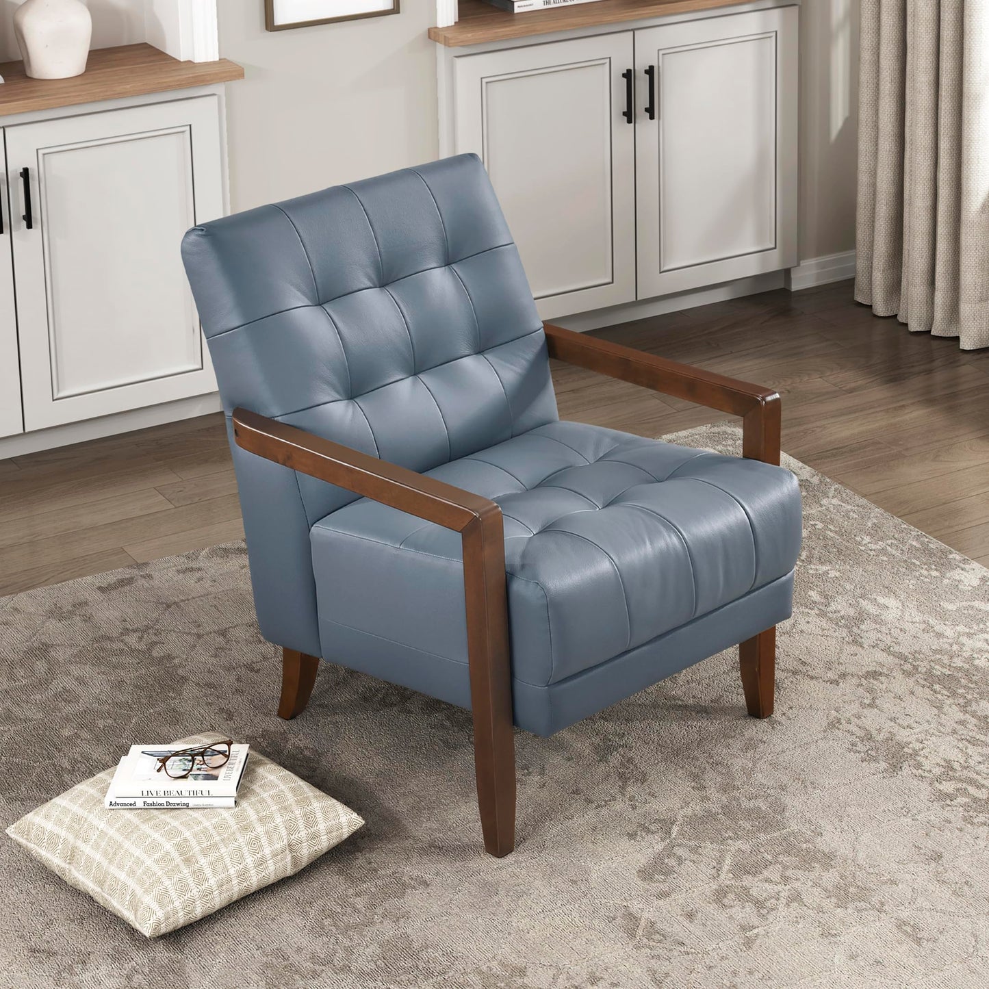 Lexicon Modern Accent Chair, Luxury Genuine Leather Match Living Room Chair with Tufted Cushions, Solid Wood Frame and Arm Rest, Comfy Upholstered Single Seat for Bedroom/Reading/Office, Blue
