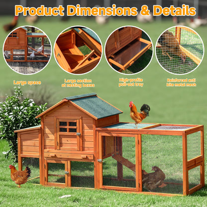 WHEGETED Large Chicken Coop Outdoor Durable Duck House Poultry Pet Hutch & 2 Wood Eggs Run Cage Nesting Box Waterproof Asphalt Roof Ramp Removable Tray Wire Fence for Backyard Small Animal79 Brown