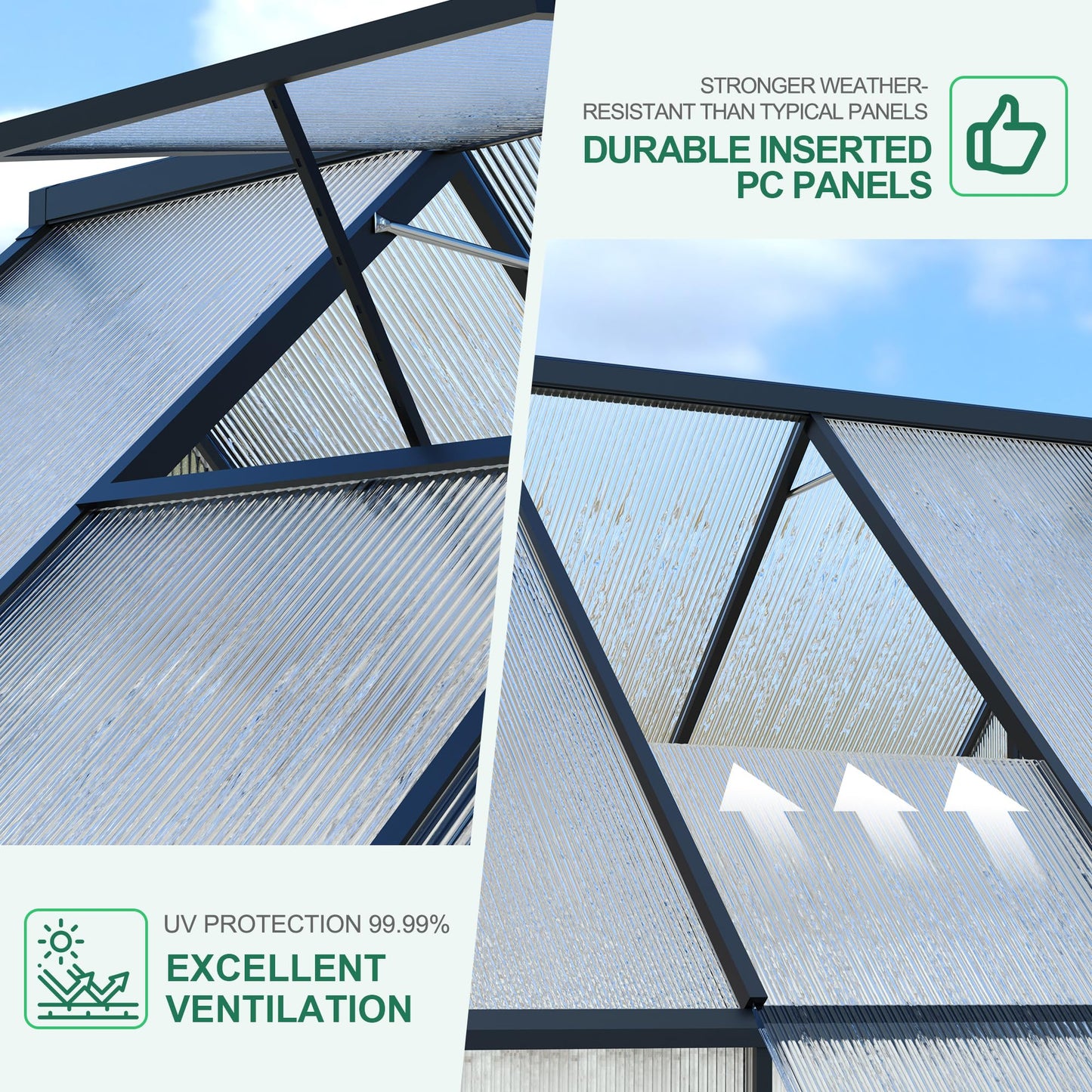 Polycarbonate Greenhouse for Outdoors, Large Walk-InGreenhouse with Quick Setup Structure and Roof Vent, Greenhouse with Ventilation