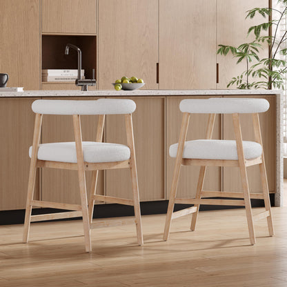 Merax 2-Piece Wooden Farmhouse Counter Height Dining Coffee Bar Stool with Durable Legs, Upholstered Cruved Dinning Arm Chair for Kitchen Island, Set of 2, Natural