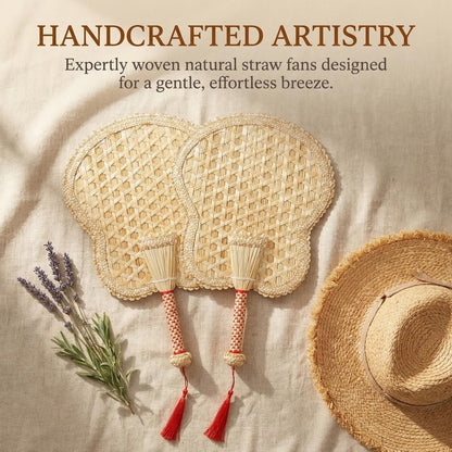 Goaste 2 Packs Hand Woven Fan, Handheld Wheat Straw Fans, Rustic Chinese Manual Fan for Summer Cooling, Wedding Palm, Home Decoration, DIY Decoration, Elderly Travel Supplies, Personal Use Gift