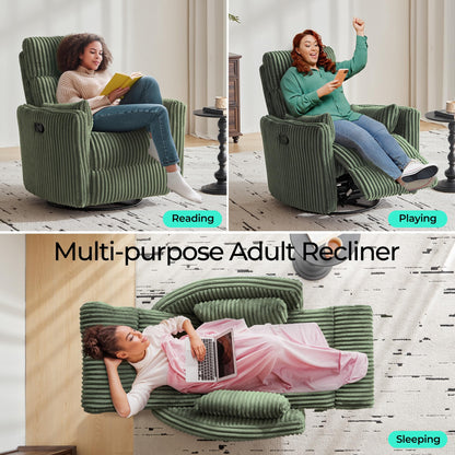 LINSY 360 Swivel Recliner Chair, Nursery Glider Rocking Chair with 2 Pillows, Corduroy Nursing Chair Comfy High Back Adult Rocker Recliner for Small Spaces, Nursery Bedroom Living Room (Green)