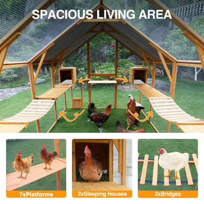 KEIKI 110" L Outdoor Large Chicken Coop with Waterproof Cover, Roosting Platform, Wire Mesh & 2 Lift Small Doors with Locks, Wood Chicken Coop House for Cat Kitten, Duck, Rabbit, Quail Playpen