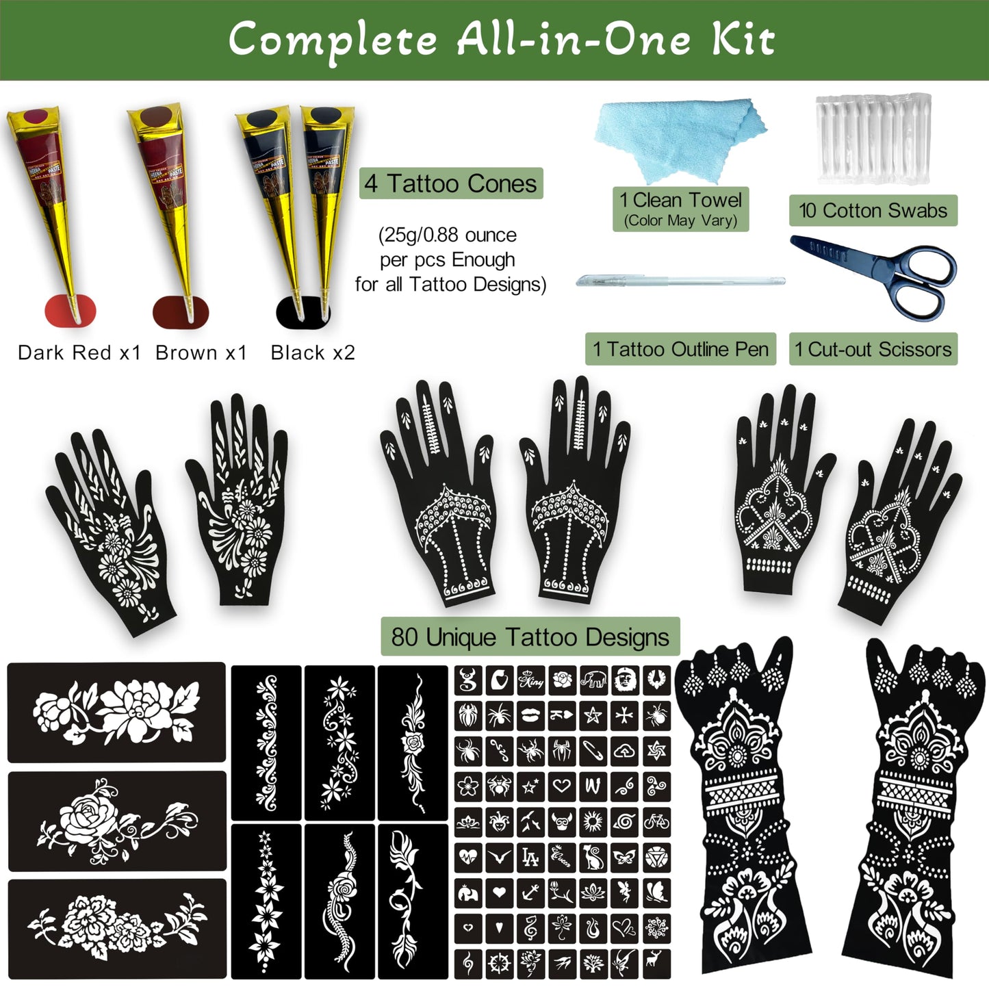 80 PCS Temporary Tattoo Kit with Large Arm & Hand Stencils - 4 Tattoo Cones (2 Black, 1 Brown, 1 Dark Red) & Outline Pen - Waterproof DIY Body Art Set, Ideal Gift for Kids, Teens, Parties & Family Fun