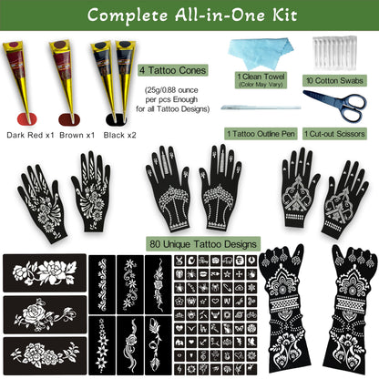 80 PCS Temporary Tattoo Kit with Large Arm & Hand Stencils - 4 Tattoo Cones (2 Black, 1 Brown, 1 Dark Red) & Outline Pen - Waterproof DIY Body Art Set, Ideal Gift for Kids, Teens, Parties & Family Fun