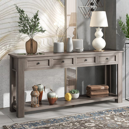 Jintop Solid Wood Console Sofa Table with 4 Drawers and Tabletop,Bottom Shelf for Entryway Hallway or Living Room,Space Saving,Easy to Assemble,Gray Wash,63" L×14" W×30" H