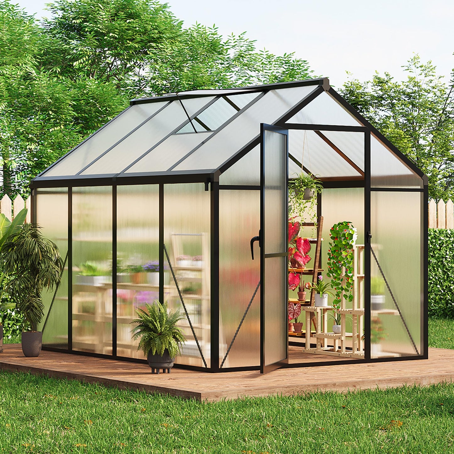 Greenhouse, 6x8 Ft Outdoor Greenhouses, Greenhouse Kit, Portablee Greenhouses with Ground Nails and Vent Windows, Sliding Lockable Door, Polycarbonate Green House for Outside Garden Backyard, Black