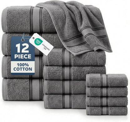 Set 12 100% 4 4 4 LANE LINEN Bath Towel of Premium Cotton Towels for Bathroom, Bath, Hand & Washcloth, Zero Twist